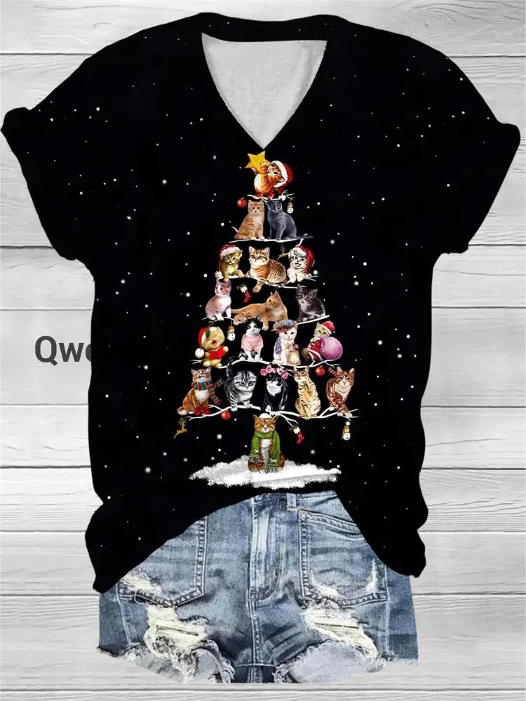 Cat Christmas Tree Print V-Neck T-Shirt Black / S Women\’s Tops
