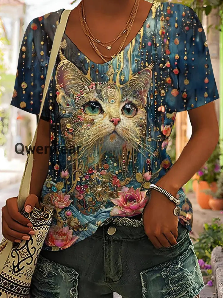 Cat Flower V-Neck Short Sleeve T-Shirt As Picture / S Women\’s Tops
