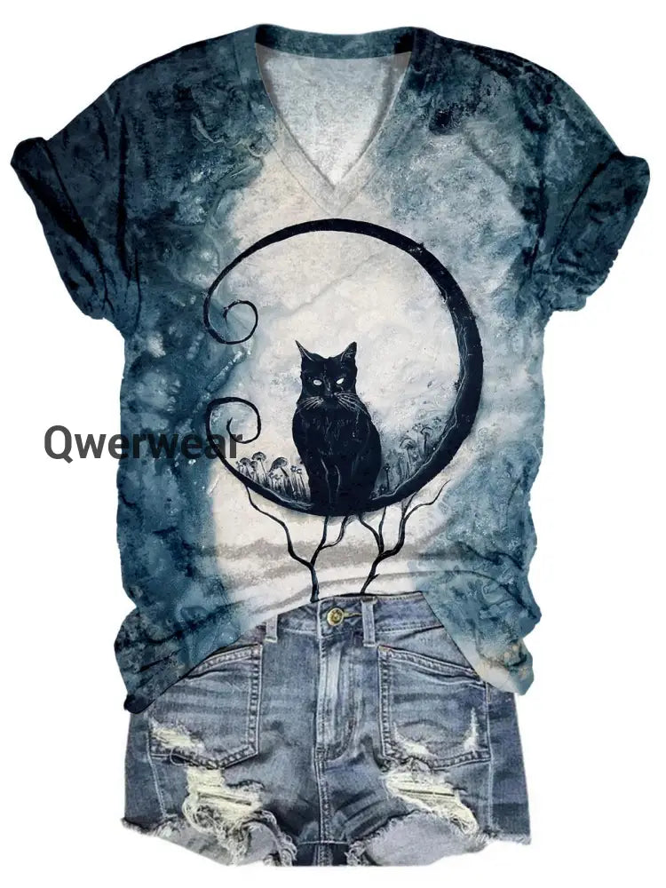 Cat In The Moon V-Neck Printed T-Shirt multicolor / S Women\’s Tops