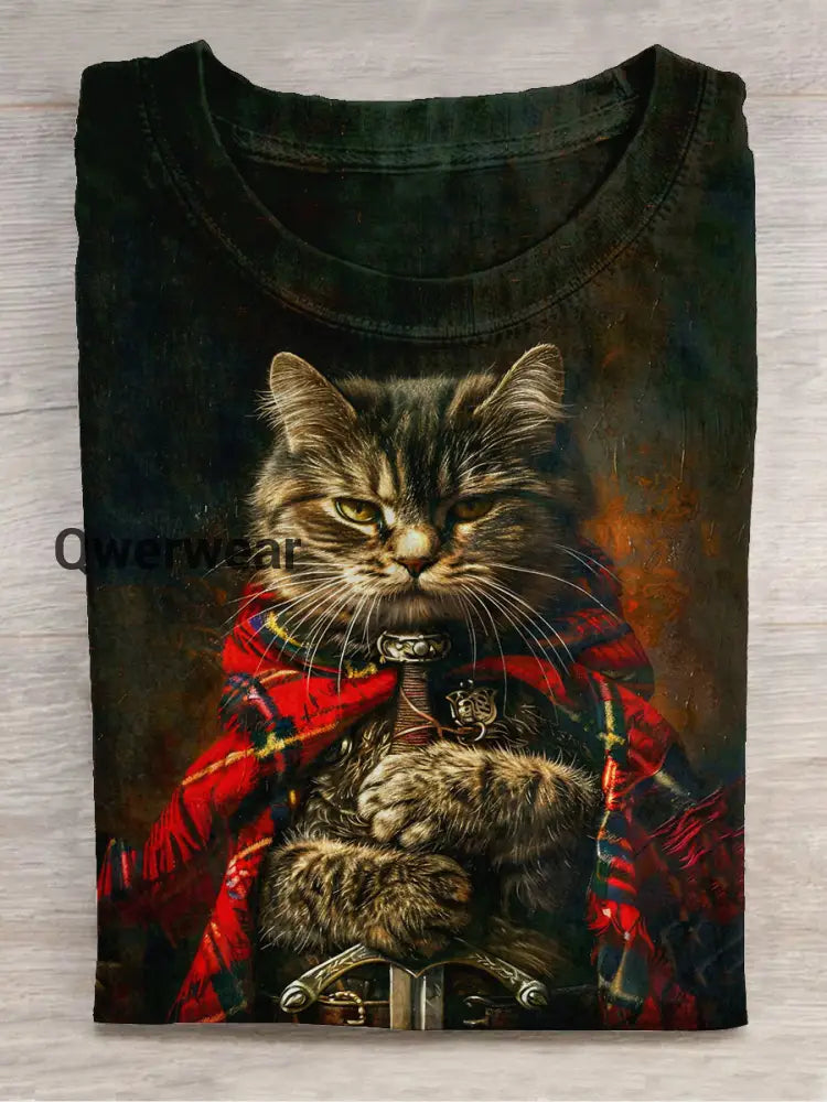 Cat Knight Art Print Unisex Round Neck Short Sleeve Casual T-Shirt Black / S