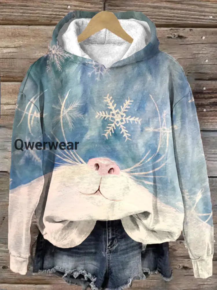 Cat Painting With Snowflakes Long Sleeve Printed Hoodie Mixed Color / S Women\’s Tops