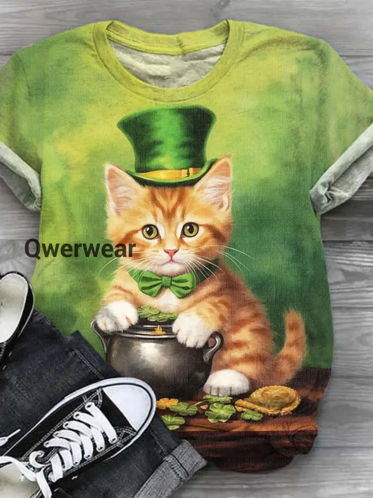 Cat Patrick’s Day Print Crew Neck T-Shirt multicolor / S Women\’s Tops