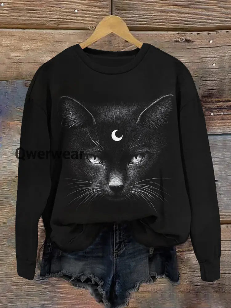 Cat Print Unisex Crew Neck Long Sleeve Casual Sweatshirt Black / S