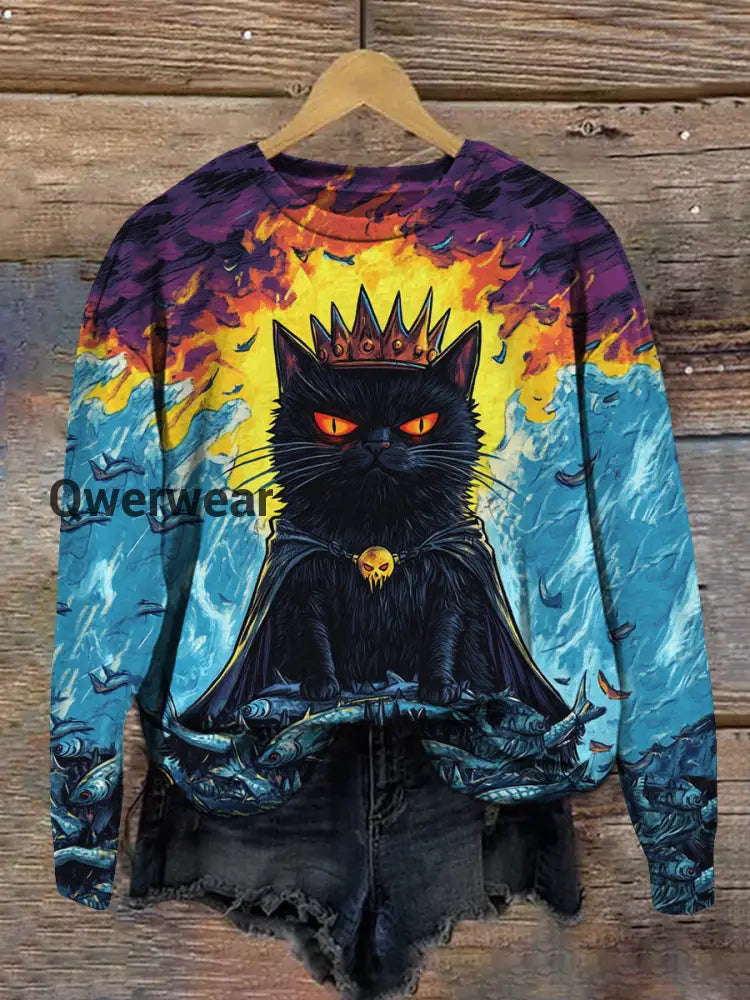 Cat Print Unisex Crew Neck Long Sleeve Casual Sweatshirt Colorful / S