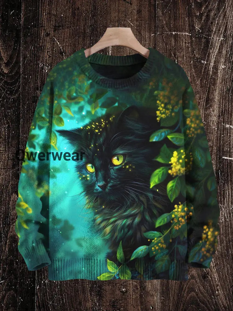 Cat Print Unisex Crew Neck Long Sleeve Knit Sweater Green / S