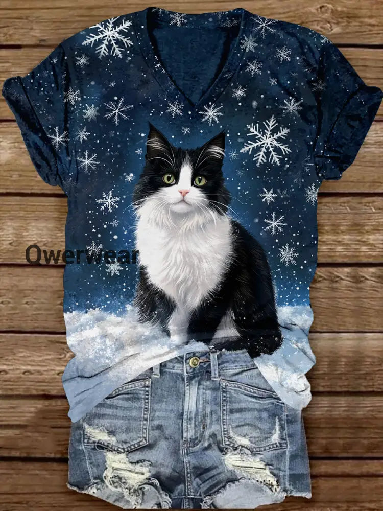 Cat Snowflake Art Print Unisex V-Neck Short Sleeve Casual T-Shirt Navy Blue / S