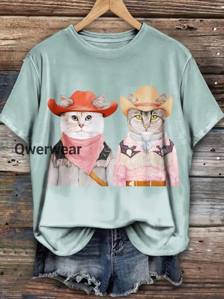 Cat Valentine’s Day Western Denim Sisters Brothers Printed Casual T-shirt Mixed Color / S