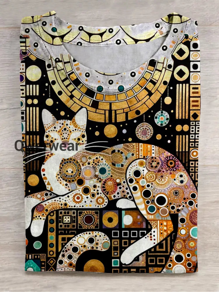 Cat Vintage Graphic Art Print Unisex Crew Neck Casual T-Shirt Light Brown / S