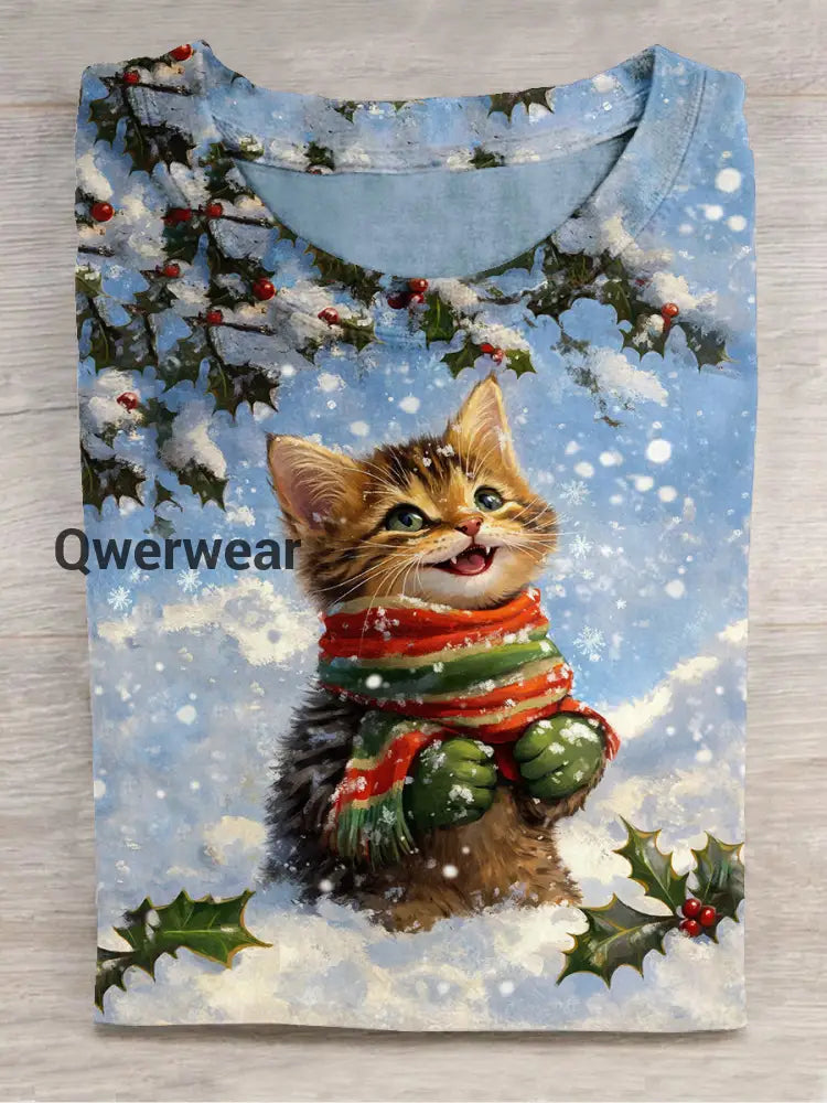 Cat Wearing A Christmas Scarf Art Print Unisex Round Neck Short Sleeve Casual T-Shirt Light Blue / S