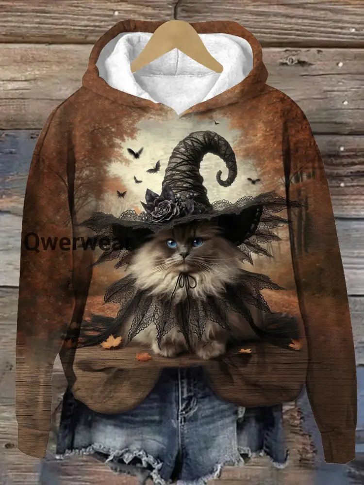 Cat Witch Art Print Unisex Long Sleeve Casual Hooded Sweatshirt Brown / S