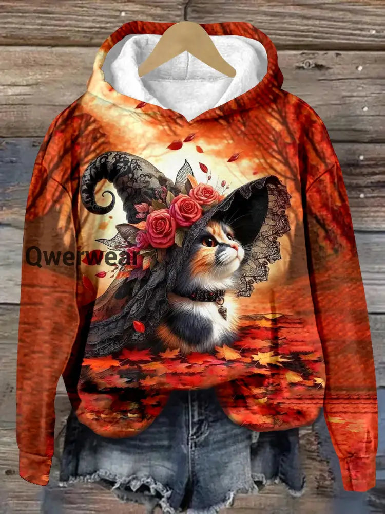 Cat Witch Art Print Unisex Long Sleeve Casual Hooded Sweatshirt Maroon / S