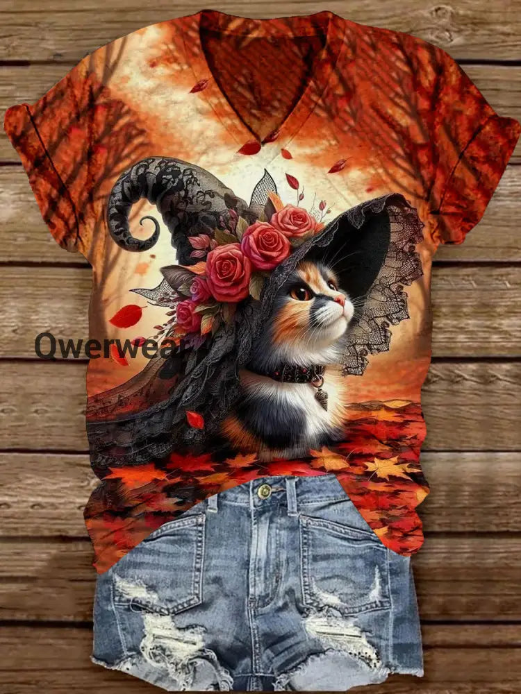 Cat Witch Art Print Unisex V-Neck Short Sleeve Casual T-Shirt Maroon / S