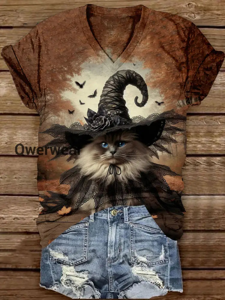 Cat Witch Art Print Unisex V-Neck Short-Sleeved Casual T-Shirt Brown / S