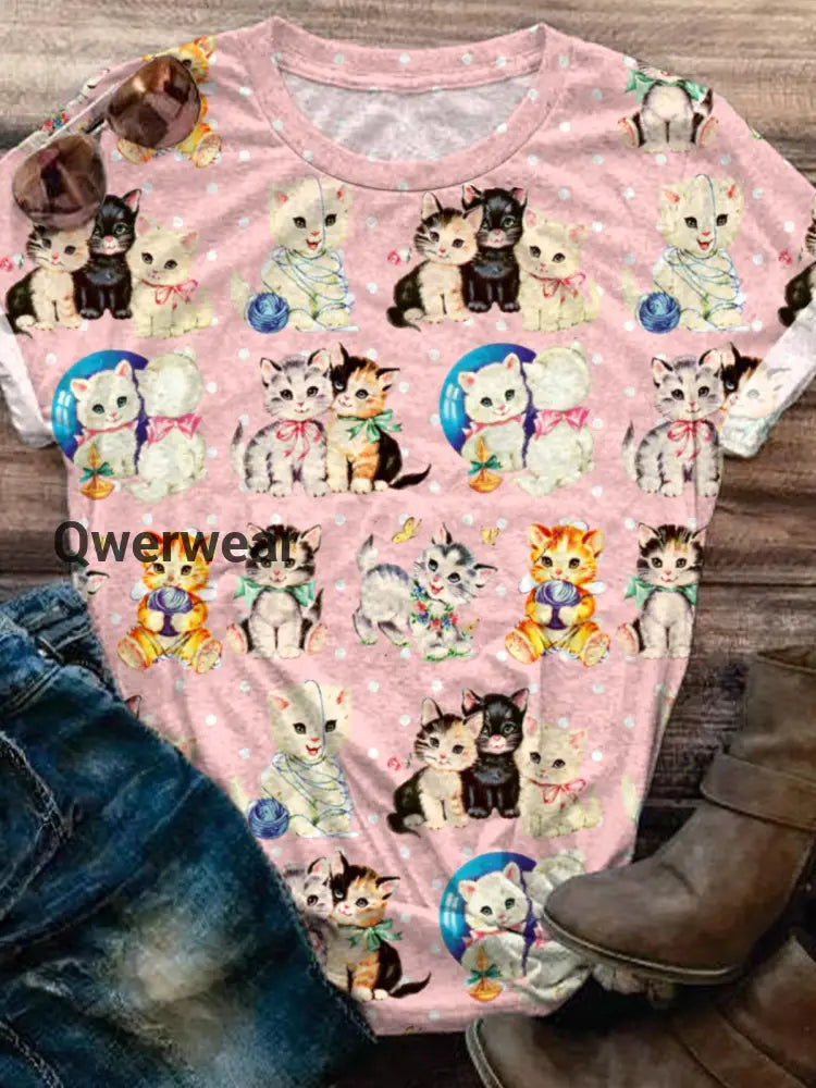 Cats And Friends Crew Neck T-shirt Mixed Color / S Women\’s Tops