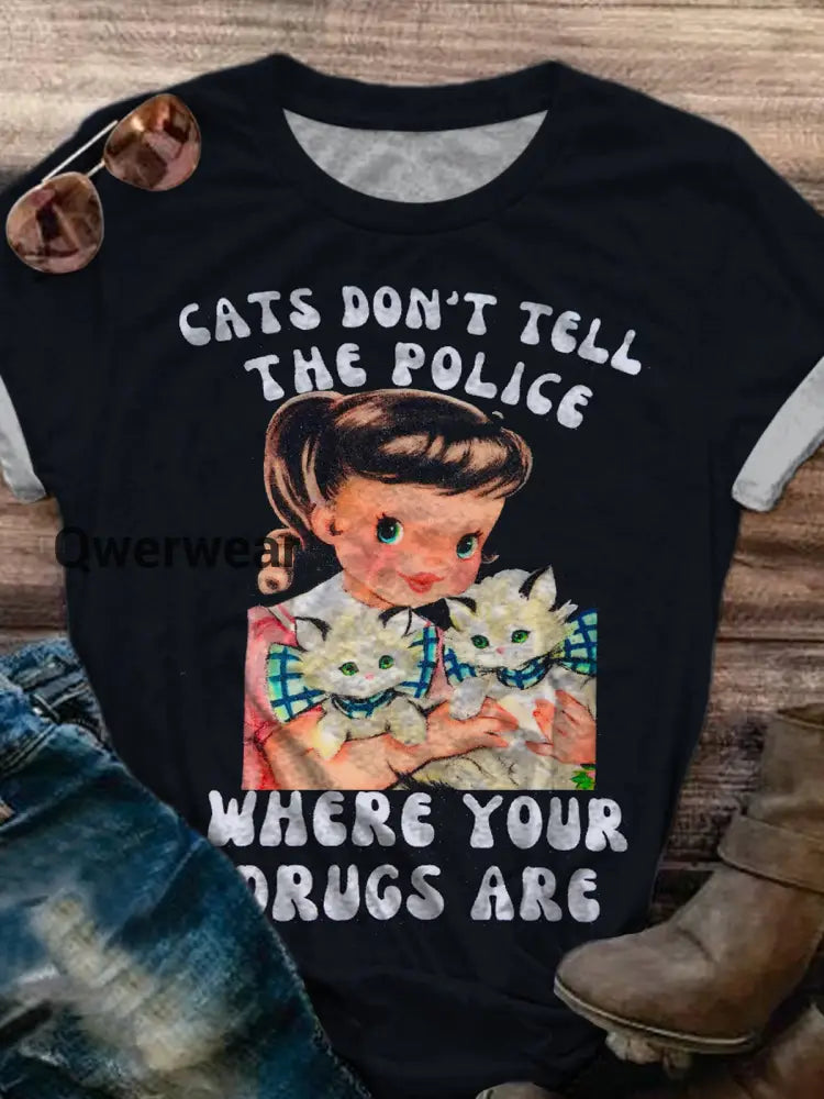 Cats Don’t Tell The Police Retro Print Casual T-shirt Mixed Color / S Women\’s Tops