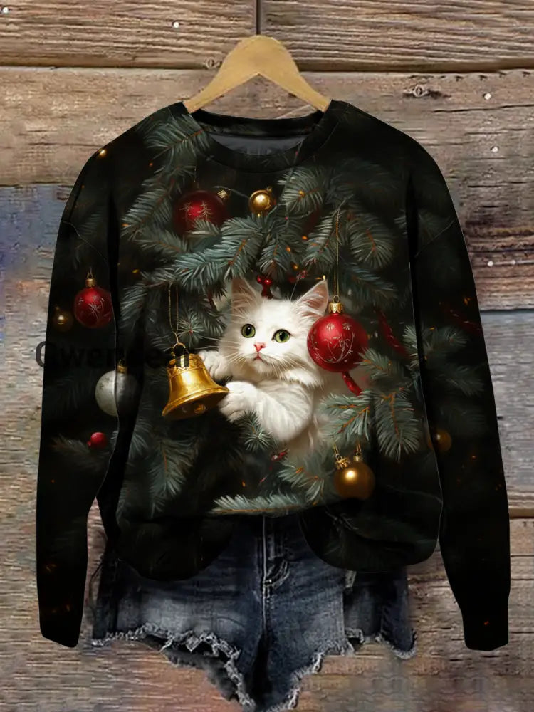 Christmas Art Print Round Neck Long Sleeve Casual Sweatshirt Black / S