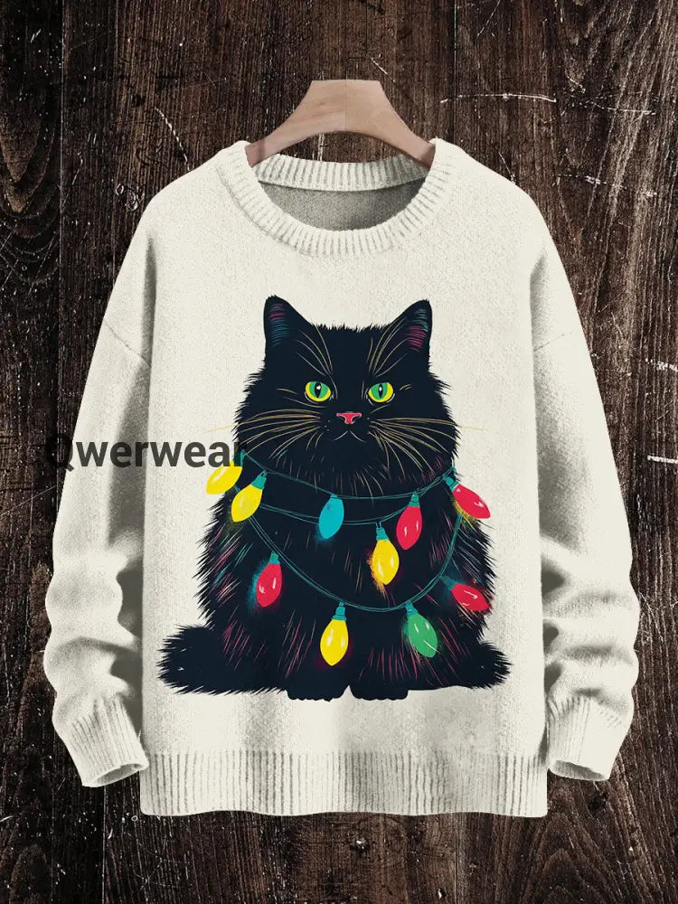 Christmas Cat Lantern Print Unisex Crew Neck Long Sleeve Knit Sweater Light Yellow / S