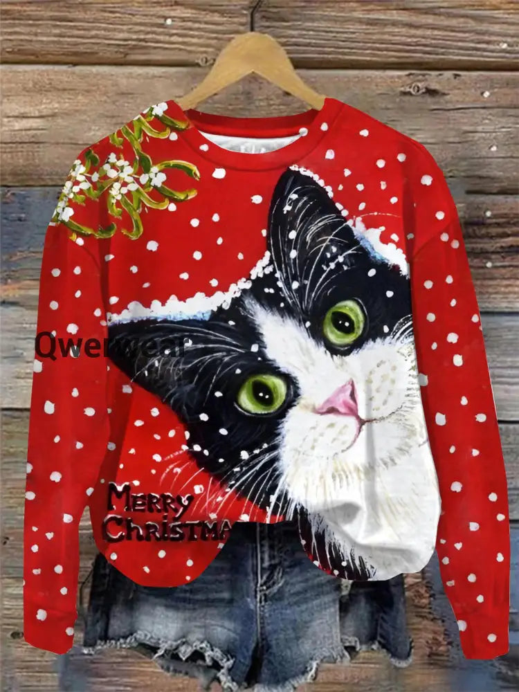 Christmas Cat Print Crew Neck Long Sleeve Casual Sweatshirt Red / S Halloween