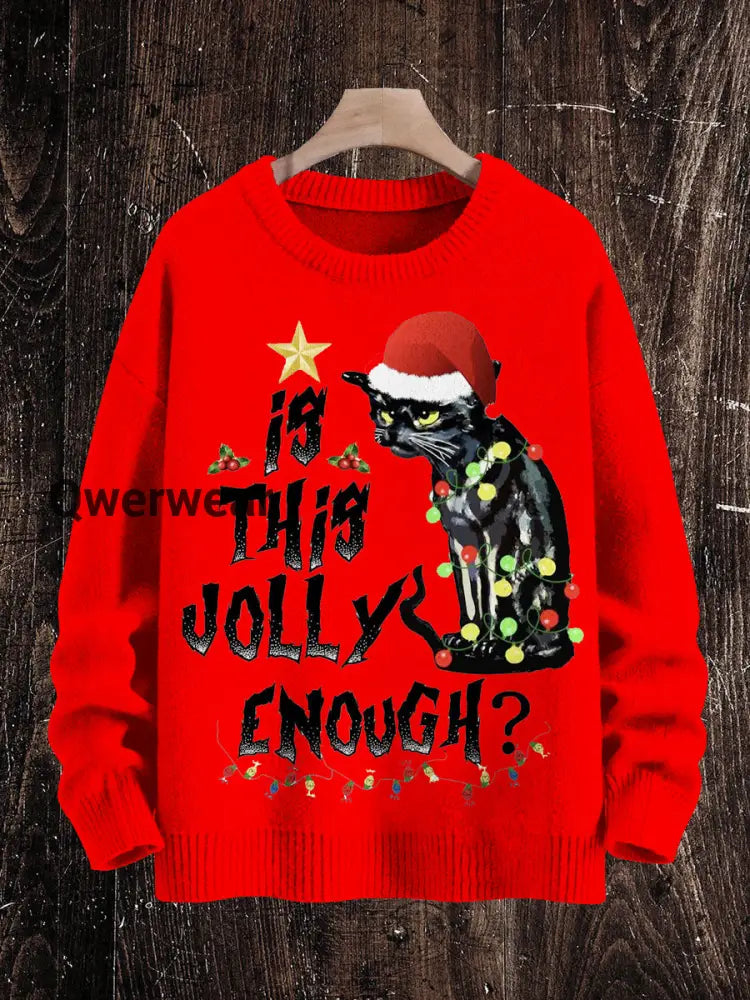 Christmas Cat Print Unisex Crew Neck Long Sleeve Knit Sweater Red / S