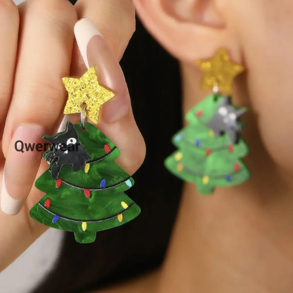 Christmas Creative Earrings Black Cat Christmas Tree