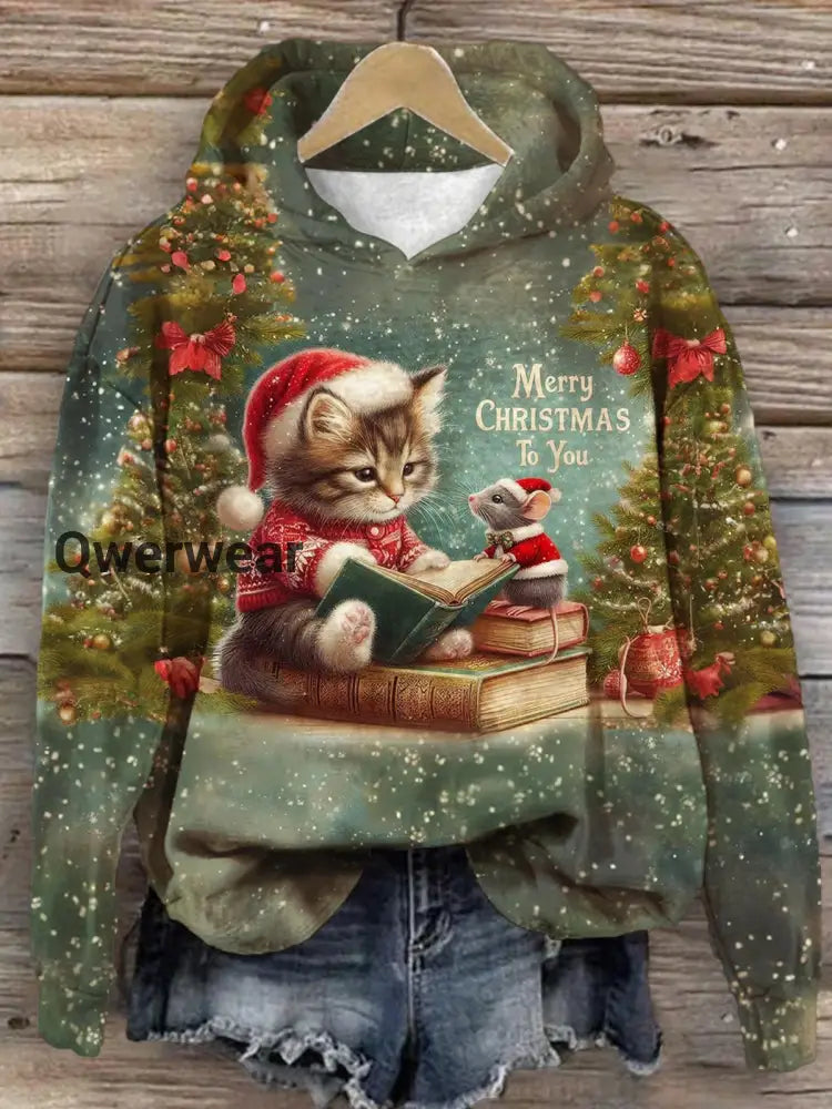 Christmas Cute Cat and Opossum Print Long Sleeve Top Mixed Color / S Women\’s Tops