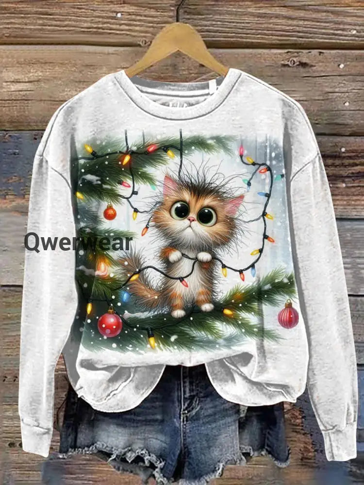 Christmas Cute Cat Printed Long Sleeve Casual Top Mixed Color / S Women\’s Tops