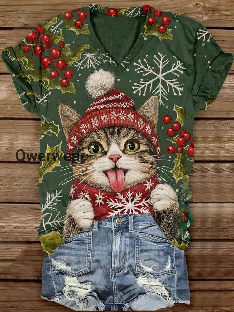 Christmas Fun Cat Art Print Unisex V-Neck Short Sleeve Casual T-Shirt Green / S