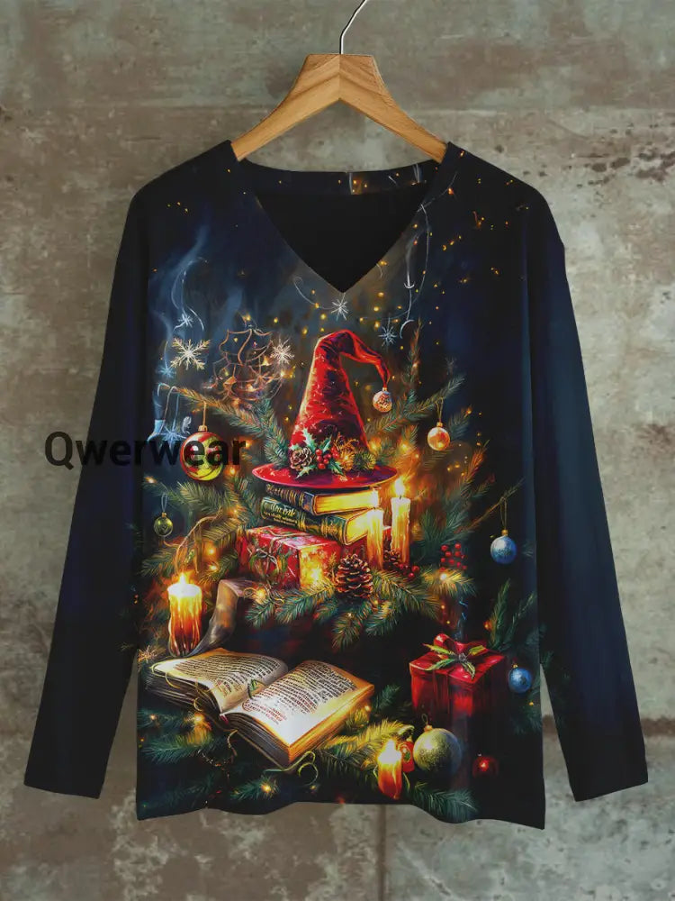 Christmas Gift Book Art Print Unisex V-Neck Long Sleeve Casual T-Shirt Dark Blue / S