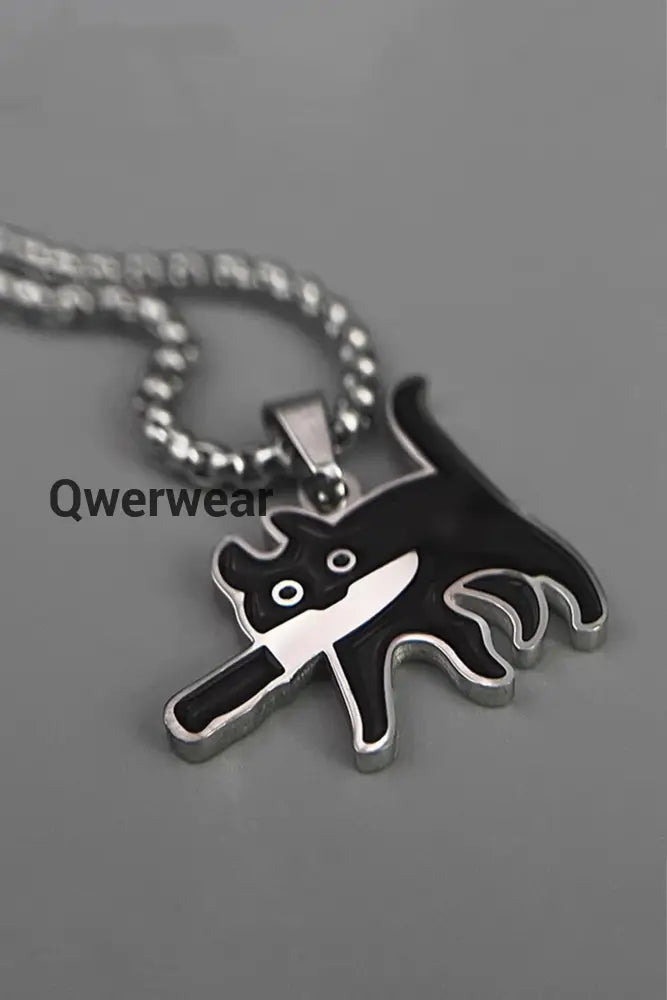 Cute Cartoon Knife Cat Pendant Necklace Black