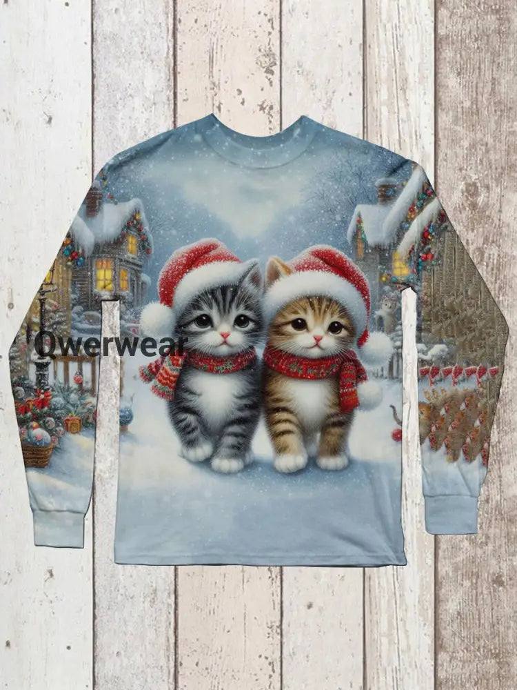 Cute Cat Christmas Print Unisex Round Neck Long Sleeve Casual T-Shirt Light Blue / S