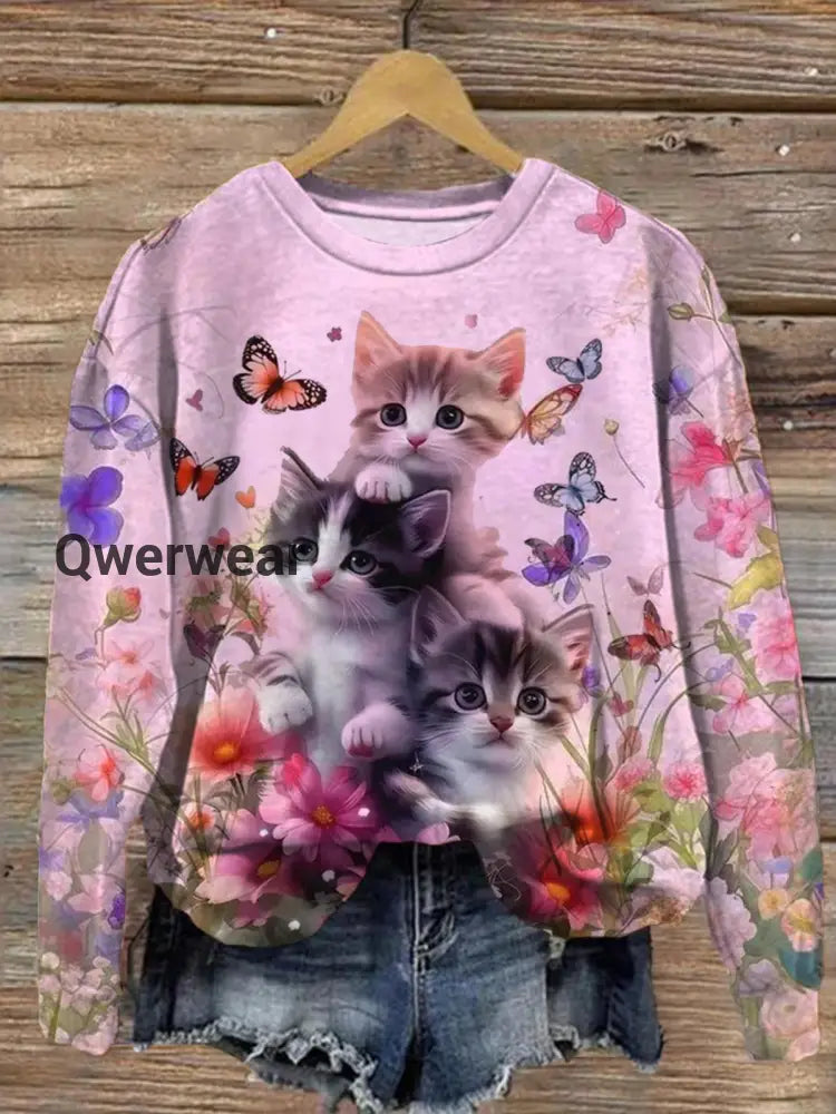 Cute Cat In The Flowers Printed Long Sleeve Casual Top Mixed Color / S Women\’s Tops