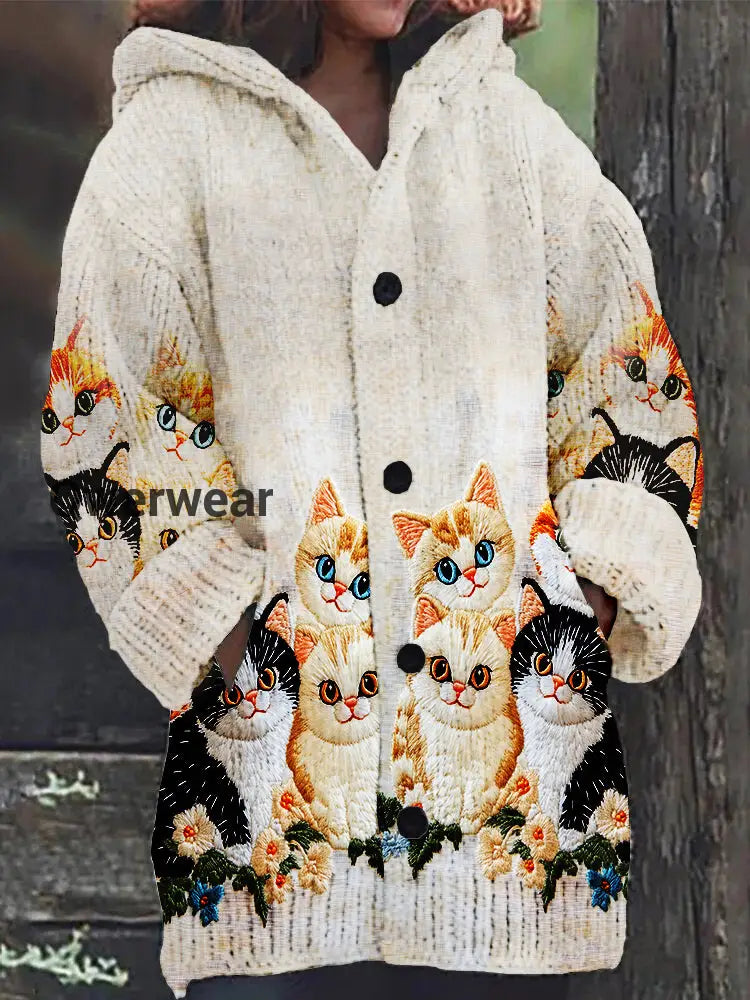 Cute Cat Print Button Thick Long Hooded Cardigan Sweater Beige / S