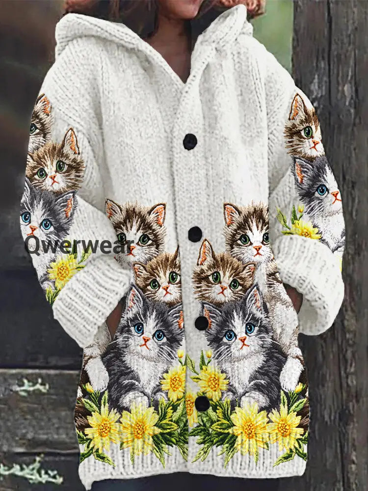 Cute Cat Print Button Thick Long Hooded Cardigan Sweater Off-White / S