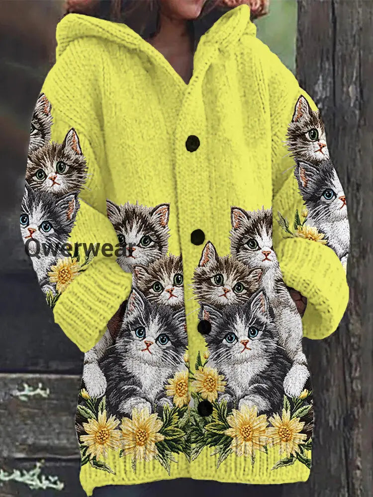 Cute Cat Print Button Thick Long Hooded Cardigan Sweater Yellow / S