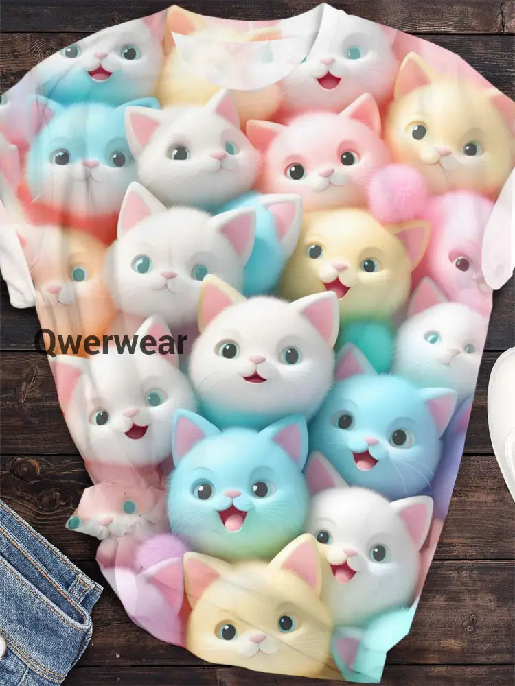 Cute Cat Print Crew Neck T-shirt Mixed Color / S Women\’s Tops