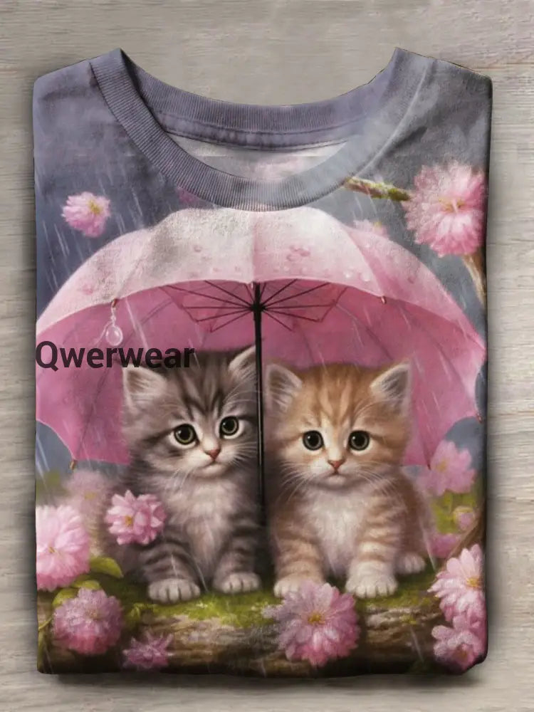 Cute Cat Print Short Sleeve Top Mixed Color / S Women\’s Tops