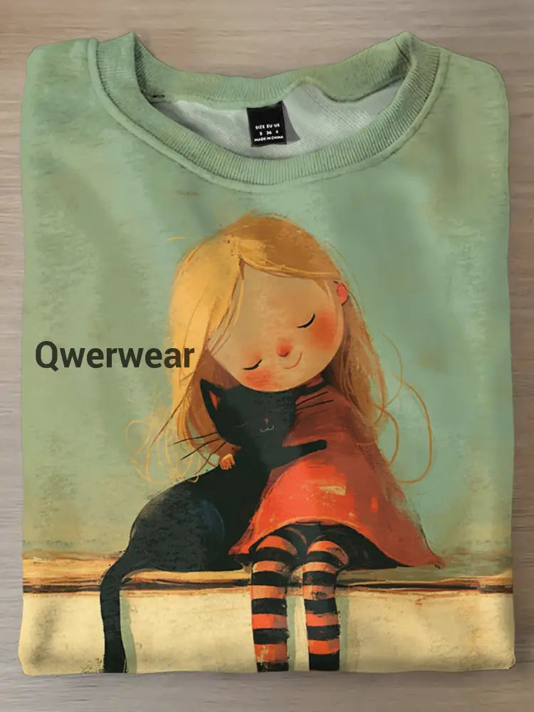 Cute Girls Cat Print Casual Long Sleeve Top Mixed Color / S Women\’s Tops