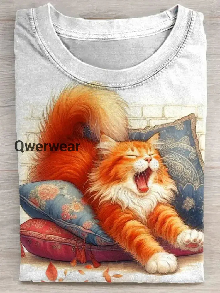 Cute Lazy Cat Art Print Casaul Short Sleeve T-shirt