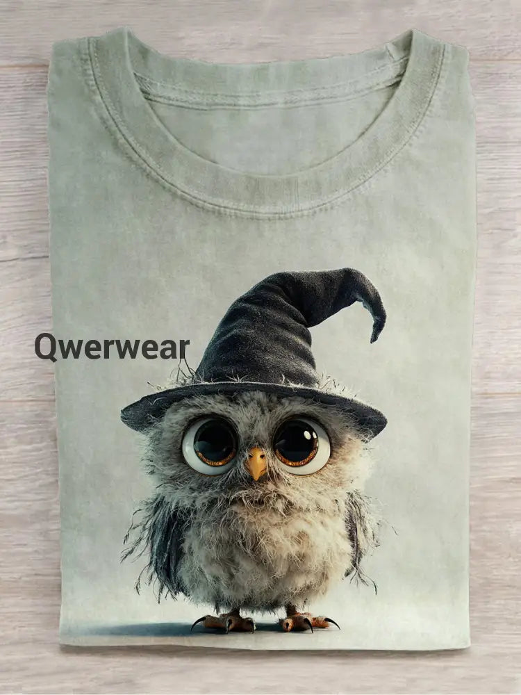 Cute Owl Wizard Art Print Unisex Round Neck Short Sleeve Casual T-Shirt Light Gray / S