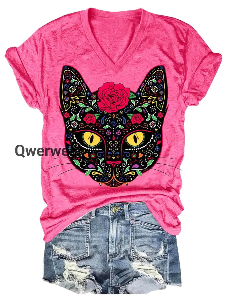 Day of the Dead Kitty Cat Sugar Skull Print T-Shirt Pink / S Halloween