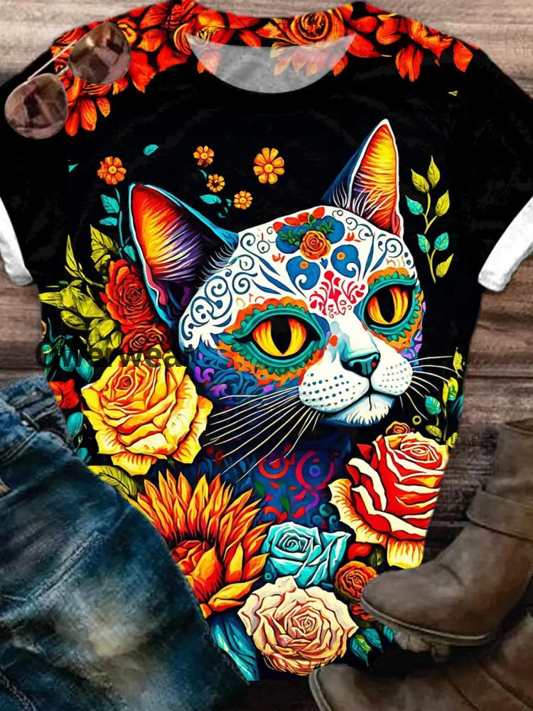 Day Of The Dead Skull Cat Casual T-shirt Mixed Color / S Halloween