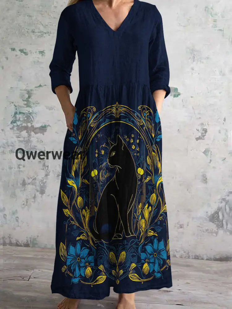 Divine Black Cat and Floral Art Print Women’s V-Neck Long Sleeve Pocket Dress Dark Blue / S