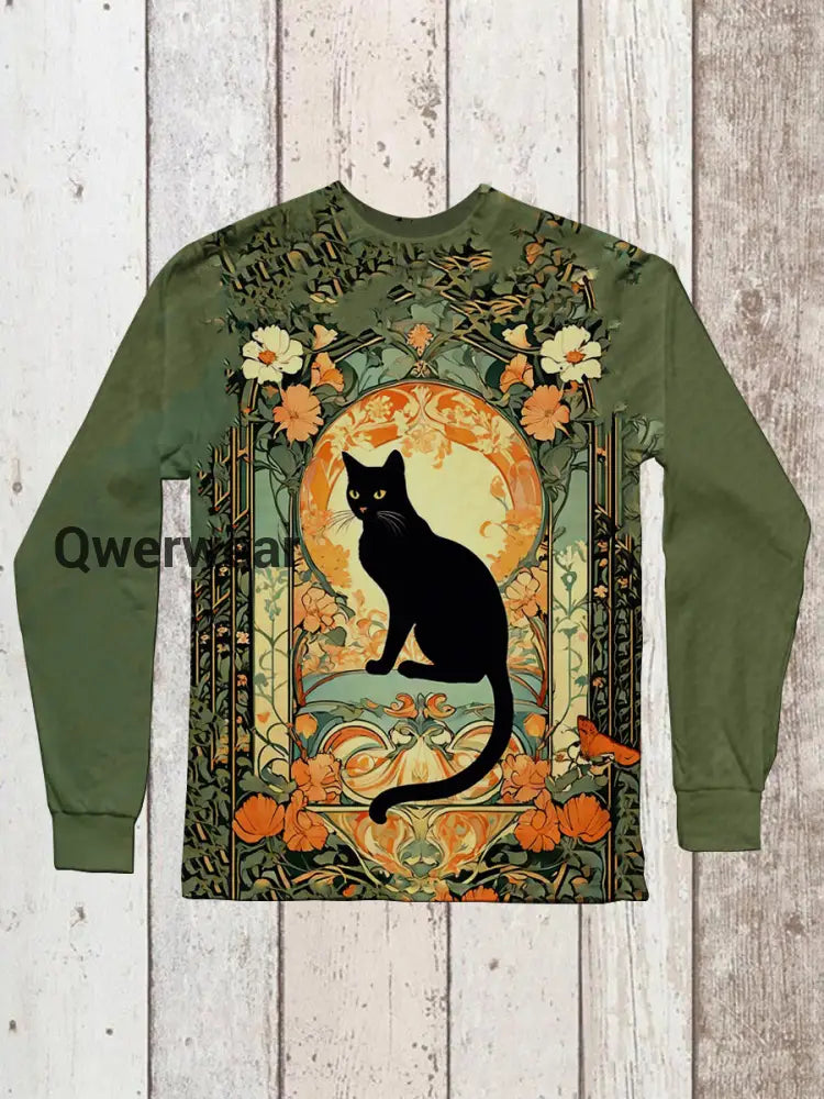 Divine Black Cat And Rose Art Print Unisex Crew Neck Long Sleeve Casual T-Shirt Green / S
