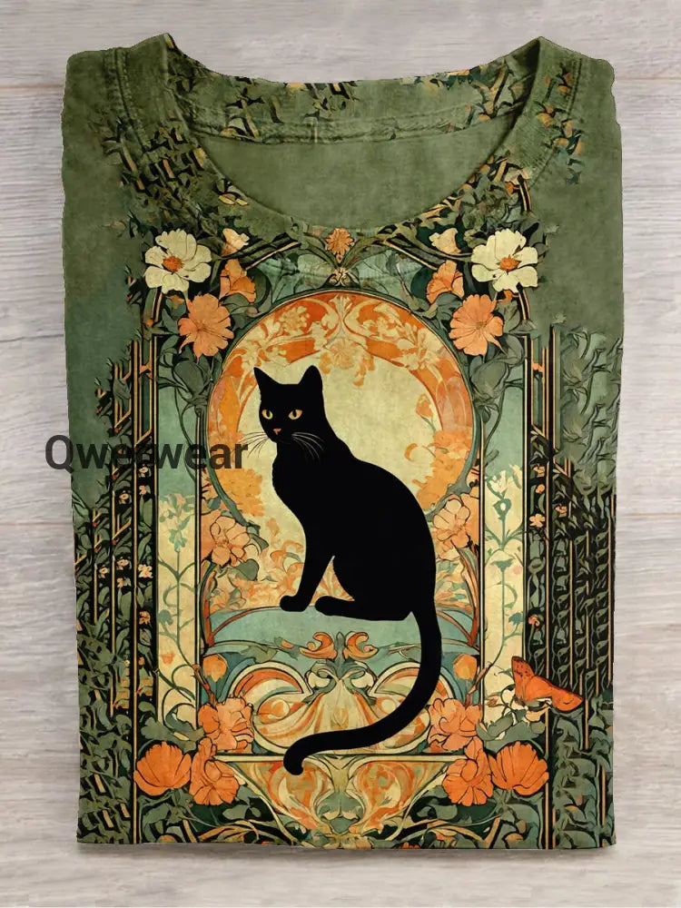 Divine Black Cat With Rose Round Neck Short Sleeve Casual T-Shirt Green / S