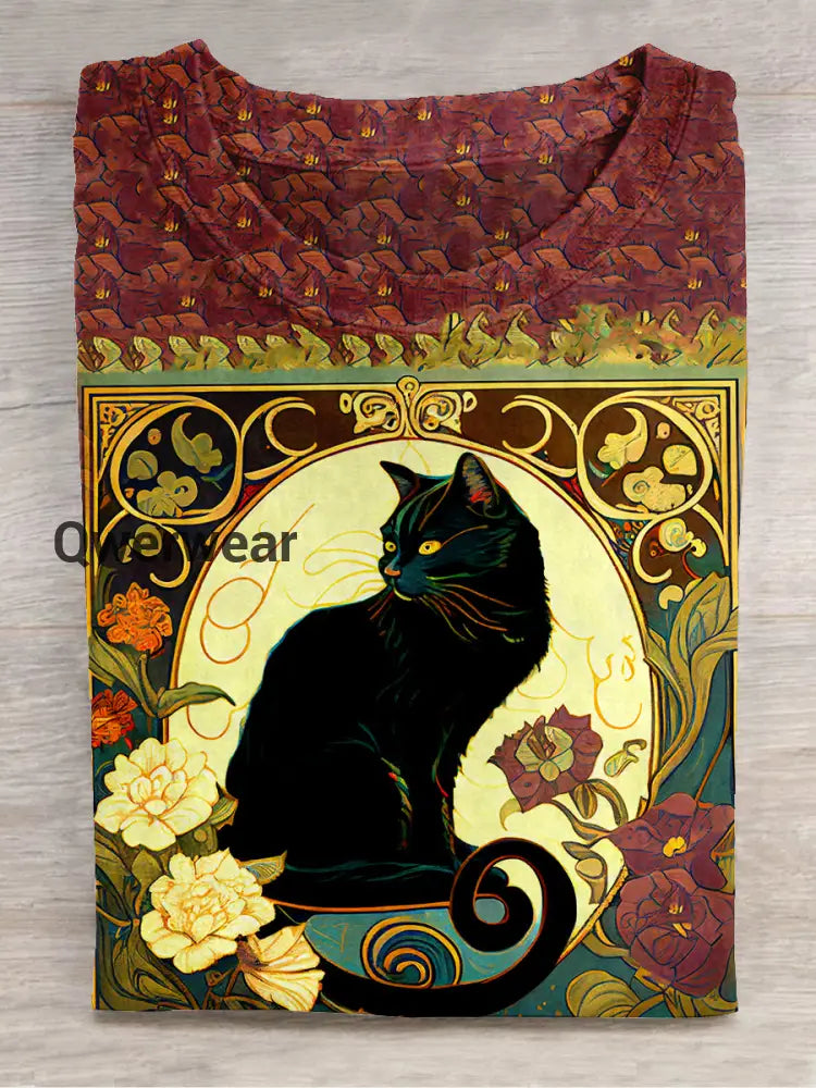 Divine Black Cat With Rose Round Neck Short Sleeve Casual T-Shirt Maroon / S