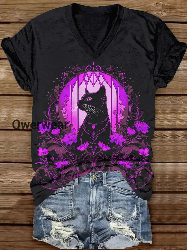 Divine Black Cat With Rose V-Neck Short Sleeve Casual T-Shirt Black-Purple / S