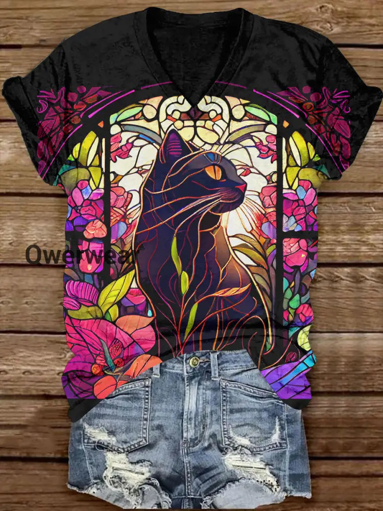 Divine Black Cat With Rose V-Neck Short Sleeve Casual T-Shirt Black / S