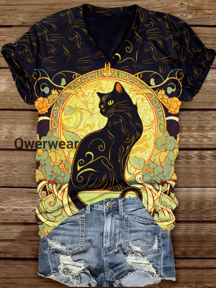 Divine Black Cat With Rose V-Neck Short Sleeve Casual T-Shirt Black / S
