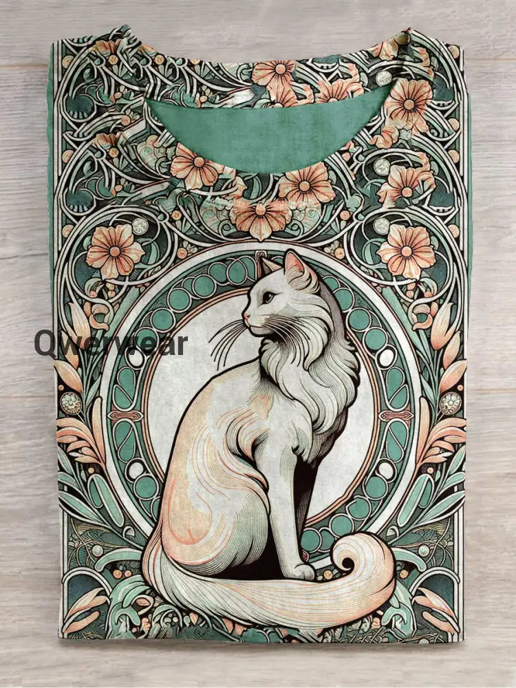 Divine White Cat And Floral Art Print Unisex Crew Neck Casual T-Shirt Cyan / S