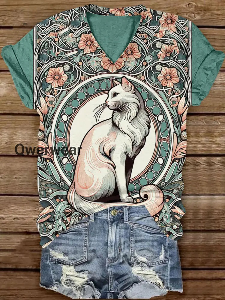 Divine White Cat With Flowers V-Neck Short Sleeve Casual T-Shirt Cyan / S